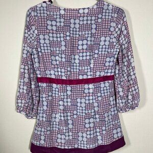 Boden Silk Blouse 4 Limited Edition Top Velvet V Neck 3/4 Sleeves Polka Dot Gray